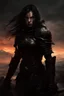 Placeholder: A formidable warrior girl in black armor, on the background Amazing gloomy landscape, flooded with sunset, mountains, trees, fabulous scary hero, , juicy emotions, painting, dark fantasy, bad weather, gloomy day, dark world, by James Paick