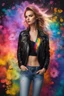 Placeholder: Half body Gorgeous Realistic Photography Super Model European Beautiful young woman,hair colors rainbows as Rocker with clothing abstracts flowers luxury casual leather jacket and levis jeans dressing painting art neons rainbow colors glowing in the dark and colorful details, light leaks boleh colors,flowers background