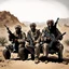 Placeholder: make a picture of 3 poor looking black men in a desert. they are in afghanistan. behind them is a raided village they are holding rifles. they look very very dangerous and have long white beards. they have ak47 rifles. They are sitting on an atv driving to the right