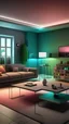 Placeholder: Generate an image depicting a modern living room where the lighting is controlled through a smartphone app, showcasing different lighting scenes and color options.