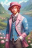 Placeholder: kind young sailor, man, red slightly curly hair, long jacket, pink-azure clothes, pink-azure cocked hat, white floral pattern on the jacket, flower in the hair, stardew, valley style