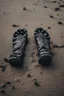 Placeholder: A toes looks dirty filled on the grey , Sands and dirt on a sands ground, view from the top, on it a black scorpion