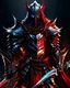 Placeholder: silver and red knight, black and red spikes coming out the arms, legs and back, glowing red eyes, long red cape, red hair coming out the helmet