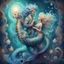 Placeholder: luminescent. mystical, mermaid gnome couple with long curly fancy flowing tail. Riding a seahorse, Marine life Background. perfect facial features. Hyperdetailed, dreamlike.