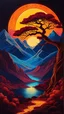 Placeholder: a painting of mountains with a tree near it, in the style of neon art nouveau, dark red and amber, highly detailed realism, nightscape