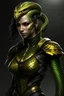 Placeholder: a female humanoid snake, wearing a black leather armor, green scales, yellow eyes