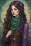 Placeholder: A girl with long, wavy dark brown hair, purple eyes, dressed in steampunk clothes, green scarf , Portrait of Van Gogh