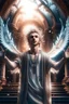 Placeholder: arms up towards heaven, hair standing straight up, fluffy clouds, intense eyes,looking upwards, white pupils, close facial portrait of the streetwise magician posing in elaborate cape, angels and demons, fireflies , staircase with closed gates of heaven, 4 k, down light, depth of field, trending on art station, high detail, cracked ground