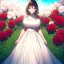 Placeholder: gorgeous anime girl wearing a yellow and white dress ,standing in a meadow of flowers, spreading rose pedals on the ground. beautiful eyes and a stunning smile, blue eyes