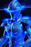 Placeholder: neon blue, flying parts of armor in form of triangles, cyber armor, geometric patterns on armor, male, orbiting triangle