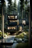 Placeholder: Medium sized, modern house in the woods made from shipping containers, photorealistic