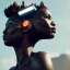 Placeholder: A beautiful portrait of a cyberpunk cyborg black tribal woman with lot's of grain on her skin and big tribal tatoos all over the skin, blue eyes, with natural hair floating in the wind cyborg smiling facing camera orange color scheme, high key lighting, volumetric light high details with white stripes and feathers unreal 5, octane render, cinema4d, dynamic lighting, dramatic lighting, 4k, redshift render, highly detailed, hyper realistic