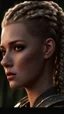 Placeholder: photorealistic hyperdetailed portait of an 18-year-old female as mercenary with blonde undercut hair with braids, wearing light armour dark fantasy forest backdrop