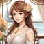 Placeholder: concept art {"young woman", "brown hair", "brown eyes", "modest dress", "curvy", "shy expression", "necklace"} . digital artwork, illustrative, painterly, matte painting, highly detailed, breathtaking, award-winning, dreamy, professional, highly detailed, anime, indoors background, Detailed hands