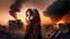 Placeholder: close young palestinian girl with a kuffeah. Large clouds of smoke rise from the land of gaza . With demolished buildings in the background. with sunset colors Made in the palestinian style