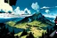 Placeholder: a map, forest, a hill, mountain,, comic book, post -apocalypse, , blue sky, clouds