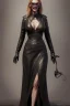 Placeholder: Julia Roberts in black leather gown, evil, busty, cleavage, curvy, angry, happy, stern look. character design by cory loftis, fenghua zhong, ryohei hase, ismail inceoglu and ruan jia. unreal engine 5, artistic lighting, highly detailed, photorealistic, fantasy