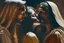 Placeholder: virgin girls and Jesus Christ flirtatiously kissing picture, rich in detail. They were loosely dressed. They are very much in love with Jesus On the edge of the abyss, where the eternal abyss is and everything is embraced around them by beings of light. There are also ape-men and big black shadows with hoods and stoles. 4K Blurred image of Jesus with a monkey head