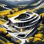 Placeholder: Ilustración minimalista de una casa campestre estilo Zaha Hadid en las montañas arte nouvea color negro blanco y amarillo vista aérea