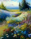 Placeholder: Impressionist oil painting of a landscape, with several kinds of wildflowers blossoming, realistic colors, ultra high details