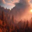 Placeholder: red cloudy dark sky, big sun, smoke rising, data 2 cartoon style, cloudy mountains, unreal engine 5, artistic lighting, highly detailed, fantasy