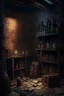 Placeholder: A dark, dingy brick dungeon, with a small hanging shelf holding six vintage bottles of various sizes, and books scattered on the floor