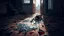 Placeholder: Glass shattering scene, a shattered glass pieces lies on dirt floor, and a young woman had with bloody fingers , The room is an old poor villager's abode, pale light, The mood is one of profound melancholy, sad