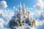 Placeholder: little fairy subtil castle with crystal and precious stone, in a white soft clouds and light blue and brightness sky