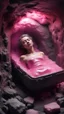 Placeholder: full body portrait of soap star sleeping in a sarcophagus filled with calm transparent pink embalming liquid inside coal mine shaft,bokeh like f/0.8, tilt-shift lens 8k, high detail, smooth render, down-light, unreal engine, prize winning