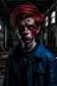 Placeholder: An 18-year-old boy with a completely dark black face, sharp red eyes like Spider-Man's, and wearing a blue WindowLine jacket, standing behind an abandoned factory.His eyes are completely red and his hair is black, his face and head are like shadows