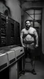 Placeholder: big muscular italian chubby 35 year old man in tracksuit, short beard, shirtless, printer in an old printing house, next to a huge old printer, dim light, side light, ambient occlusion