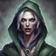 Placeholder: generate a dungeons and dragons character portrait of an evil female snake person. She has pale skin and is wearing a hooded robe. Make her serpent tongue visible.