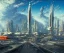 Placeholder: Spaceport on a heavy industrialized planet with a vibrant city in the background and a starting spaceship in the foreground, art by John Berkey, buildings with glass facades, Brutalität architecture, insanely detailed, vibrant, 8k uhd, cinematic atmosphere, ultra-wide angle, street level view, brush strokes, blue sky with clouds, sharp focus