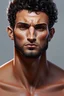 Placeholder: Painting of a buff man in his late 20s with a sharp jaw and stubble, handsome face and short curly black hair with dark eyes