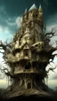 Placeholder: surrealis monochrome A fragmented, surreal sculpture liguid color of photorealistic image 3d,psychedelic art of an castle glossy emerging from dreamlike a crumbling building. The face appears pale with deep cracks and intricate details, evoking a haunting expression. Blackened tree branches intertwine with the gold mengkilat cracks, set against a backdrop of stormy, cloud-filled skies. bauhaus art The overall tone is dark and moody, suggesting themes of decay and transformation.