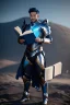 Placeholder: a human male with blue short hair and blue wings in an assymetrical armor with geometric patterns and a book in hand