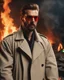 Placeholder: a young man with big muscles who looks like hans gruber wearing a trench coat and red sunglasses staring with an irritated look on his face standing in front of a fire