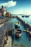 Placeholder: gothic, medieval, fishing town, rocks, long piers, fishing boats, shops, blue sky