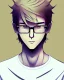 Placeholder: a tall guy who is skinny and scrawny with blond hair and blond beard. his hair is to the left side and he wears glasses. he is wearing a white t-shirt, black jeans and has straight teeth and brown shoes. anime style