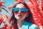 Placeholder: girl wearing light blue sunglasses summer vibes with red filter