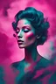 Placeholder: Woman on a beautiful pink background, in the style of dark teal and dark magenta, bold color fusions, milleniwave, tagging-like marks, maximalism, made of mist, bold and vibrant primary colors