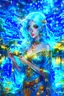 Placeholder: A beautiful girl with glowing starry eyes. And with turquoise hair decorated. And full body. Holds 10 glowing glass beads with a moon inside .girl void. full body Glowing golden eyes and white hair. Standing on a land of water embellished with sapphires and ornate trees. And beautiful buildings. And a sky full of star. realistic