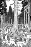 Placeholder: Under the vast canopy of ancient redwood trees, a group of friends dances joyously around a roaring campfire. The towering trees create a cathedral-like atmosphere, and the bonfire's flames illuminate the massive trunks, conveying the profound connection with nature and the freedom of uninhibited expression..coloring book page, simple and clean line art, adult drawing book, black and white, crisp black lines, no shades, sharp lines, coloring book for adults, cartoon style, landscape