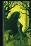 Placeholder: book cover, In the heart of a dense and enigmatic forest with towering ancient trees cloaked in emerald, yellow and amber foliage stands an ethereal beauty, her face is perfect, her lustrous hair cascading in ebony waves down to her slender waist she is slowly turning into a tree herself