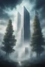 Placeholder: The future modern buildings in another dimension surrounded with big trees and stars and clouds and fogs, Busch painting nightmare style , 3D , scary, magical, mysterious