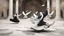 Placeholder: Hyper Realistic Sufi Whirling on stone floor with Black Clothed Islamic Sufi Rustic Grungy Background outside white marble Islamic monument with white pigeons flying