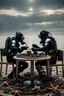 Placeholder: 2 divers in full gear sitting at a round table having tea, the table is on the bottom of the in the dried out sea, around them are shattered dead fish, dead starfish, ship reck, 8 k realistic