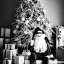 Placeholder: black and white, sepia, toddler, Christmas tree, dystopian, Santa with cone shaped hat, presents