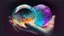 Placeholder: Chrystal ball to look into the future, hands around the ball, smoke appearing inside the ball, pink, dark blue, orange, yellow, aqua blue, very detailed and realistic