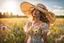 Placeholder: ohot from a young woman, elegantly adorned in a big summer hat and a summer dress stands in the center of a vast field. Her eyes are closed, a gentle smile playing on her lips as she feels the warm embrace of the sunshine and the tender kiss of a soft summer breeze. The meadow is a canvas of harmony with a dazzling array of wildflowers that dance and sway in the little wind. The blue sky and sunshine, high reality, detalied, photoreal, stunning